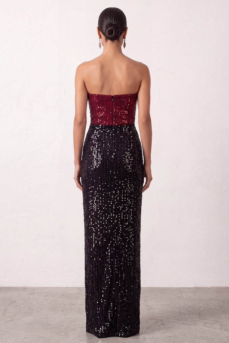 Load image into Gallery viewer, Sparkly Black Red Mermaid Strapless Sequin Long Formal Dress with Slit