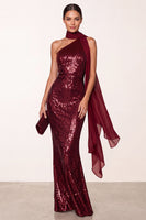 Load image into Gallery viewer, Sparkly Burgundy Mermaid Sequin Long Formal Dress with Neck Scarf