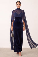 Load image into Gallery viewer, Navy Velvet High Neck Sheath Long Formal Dress with Cape