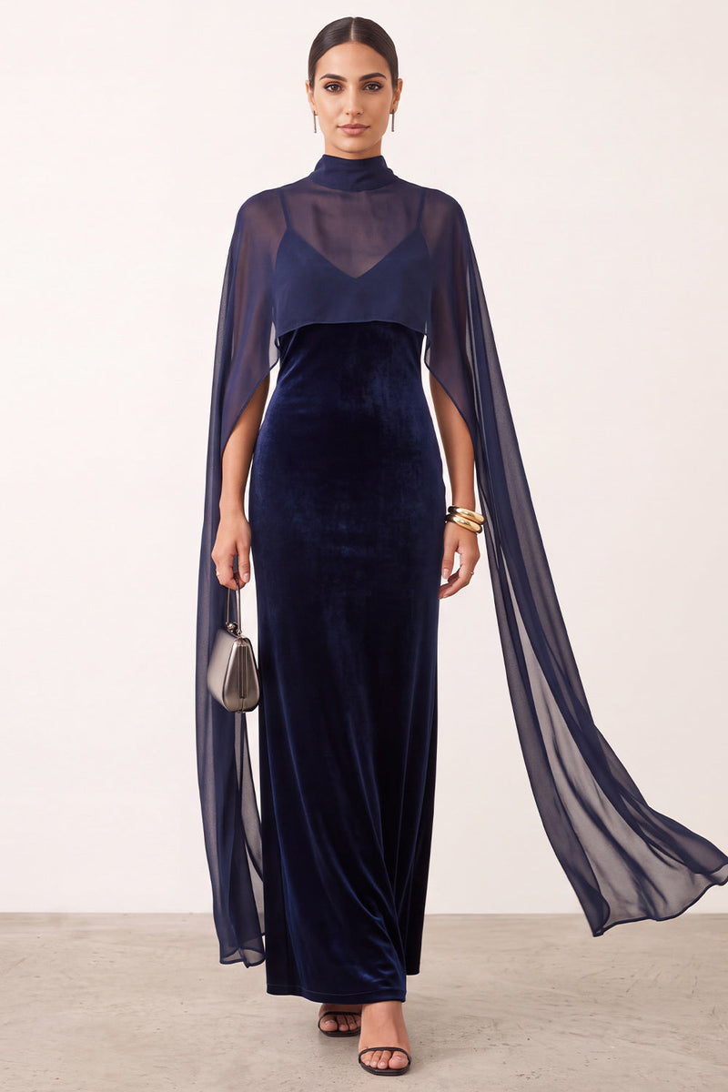 Load image into Gallery viewer, Navy Velvet High Neck Sheath Long Formal Dress with Cape