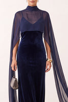 Load image into Gallery viewer, Navy Velvet High Neck Sheath Long Formal Dress with Cape