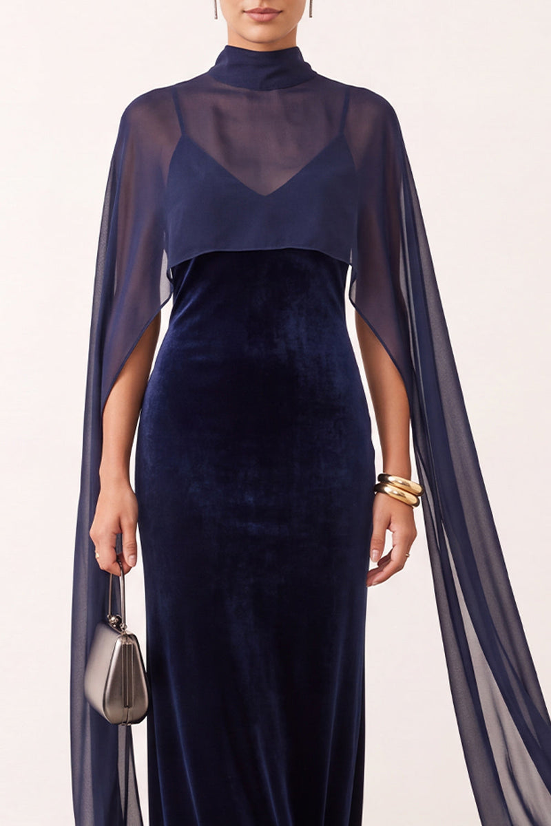Load image into Gallery viewer, Navy Velvet High Neck Sheath Long Formal Dress with Cape