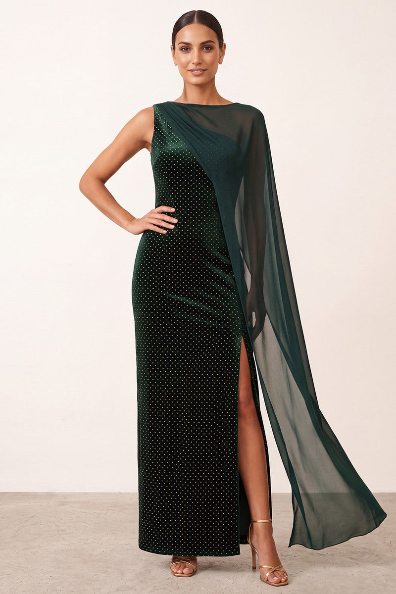 Load image into Gallery viewer, Sparkly Dark Green Mermaid Bateau Neck Beaded Long Formal Dress with Side Cape