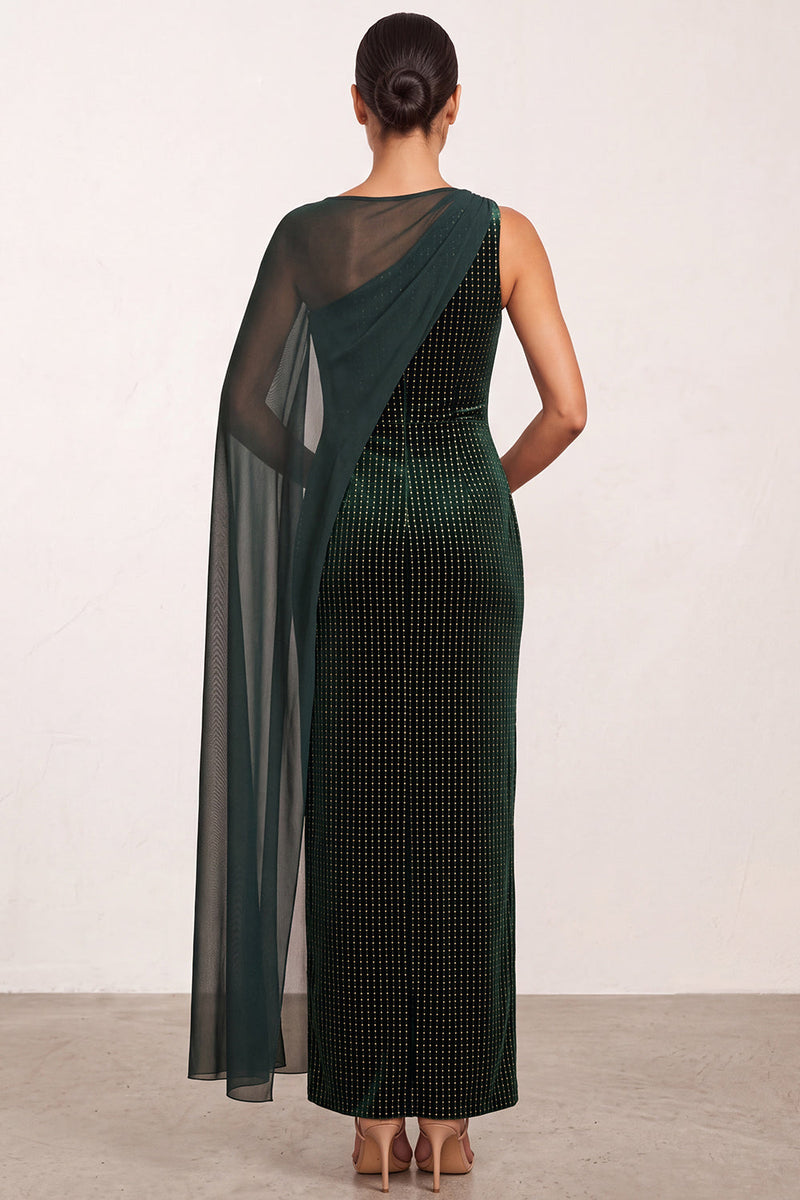 Load image into Gallery viewer, Sparkly Dark Green Mermaid Bateau Neck Beaded Long Formal Dress with Side Cape
