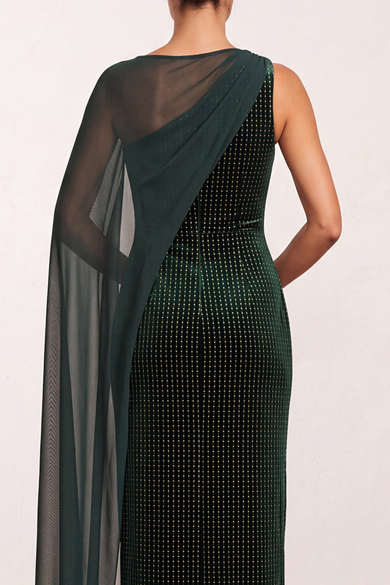 Load image into Gallery viewer, Sparkly Dark Green Mermaid Bateau Neck Beaded Long Formal Dress with Side Cape