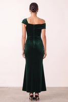 Load image into Gallery viewer, Dark Green Mermaid Ruched Asymmetrical Neck Velvet Long Formal Dress