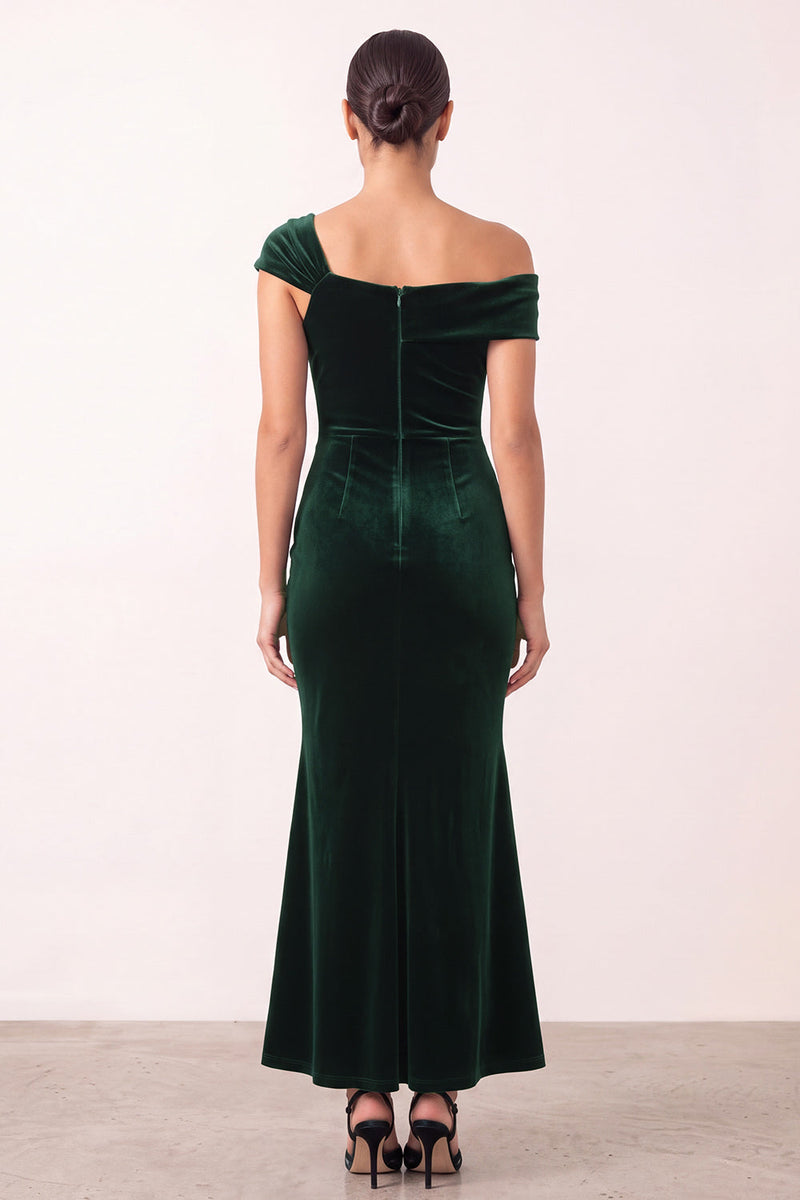 Load image into Gallery viewer, Dark Green Mermaid Ruched Asymmetrical Neck Velvet Long Formal Dress