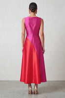 Load image into Gallery viewer, Fuchsia Red Satin A-Line Bateau Neck Patchwork Long Formal Dress