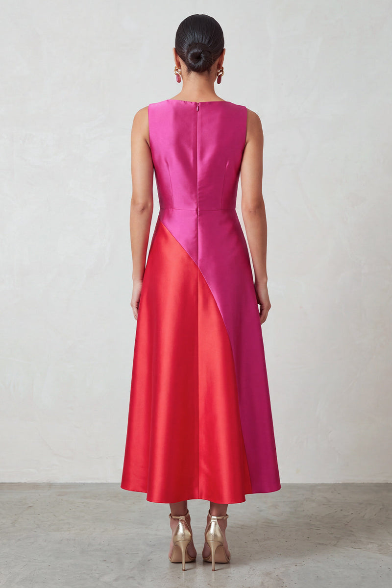 Load image into Gallery viewer, Fuchsia Red Satin A-Line Bateau Neck Patchwork Long Formal Dress