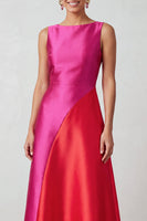 Load image into Gallery viewer, Fuchsia Red Satin A-Line Bateau Neck Patchwork Long Formal Dress