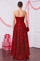 Load image into Gallery viewer, Sparkly Red Sequins A Line High-Low Ruffled Formal Dress