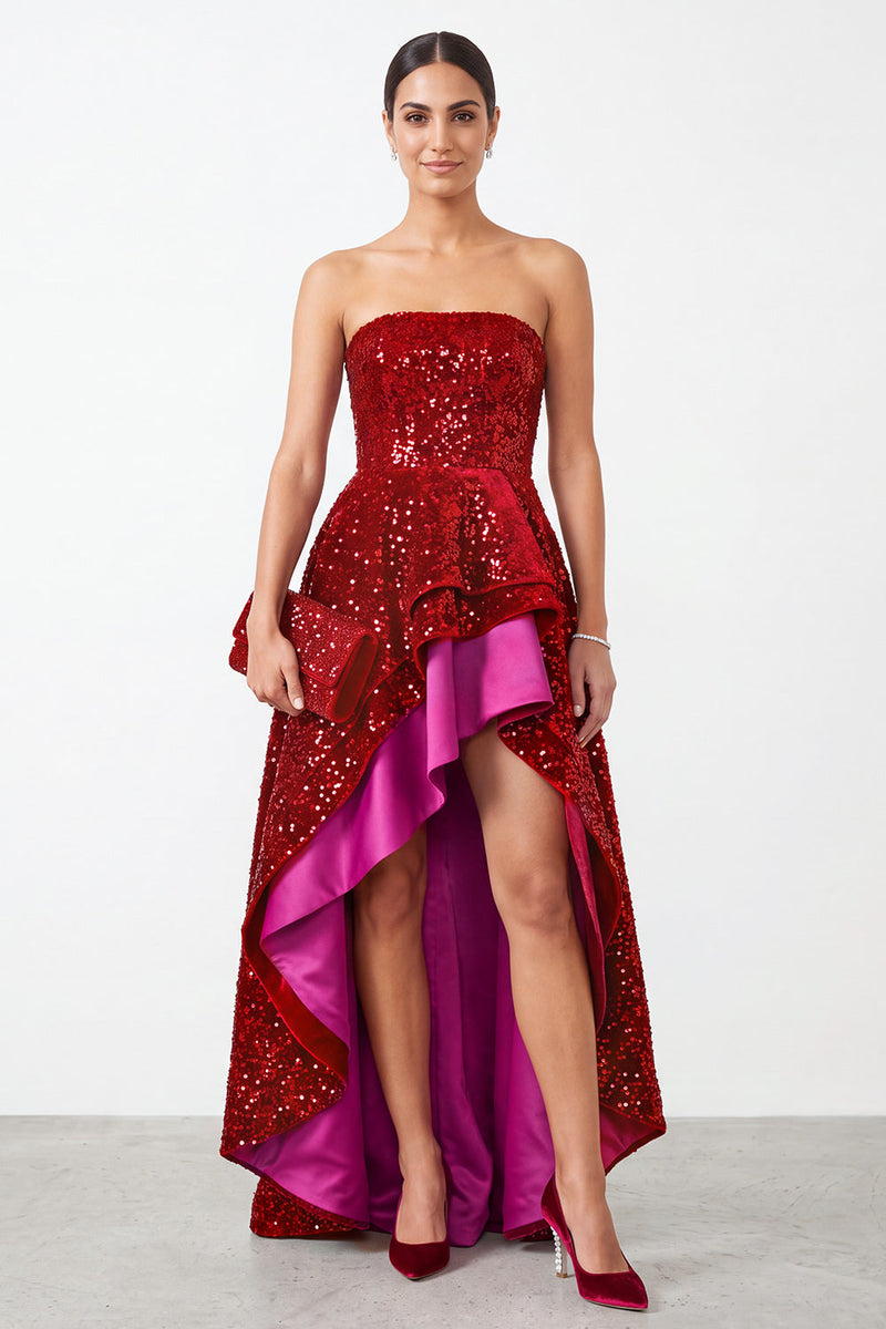 Load image into Gallery viewer, Sparkly Red Sequins A Line High-Low Ruffled Formal Dress