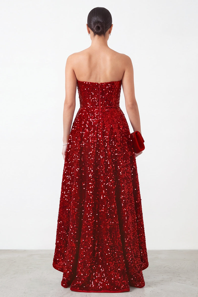 Load image into Gallery viewer, Sparkly Red Sequins A Line High-Low Ruffled Formal Dress