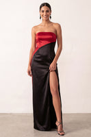 Load image into Gallery viewer, Black Red Strapless Sheath Satin Patchwork Long Formal Dress with Slit