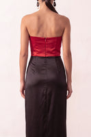 Load image into Gallery viewer, Black Red Strapless Sheath Satin Patchwork Long Formal Dress with Slit