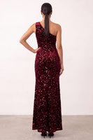 Load image into Gallery viewer, Sparkly Burgundy One Shoulder Sequin Long Formal Dress with Slit