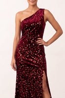 Load image into Gallery viewer, Sparkly Burgundy One Shoulder Sequin Long Formal Dress with Slit