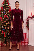 Load image into Gallery viewer, Burgundy Beaded Velvet Ruffled A-Line 3/4 Sleeves Midi Formal Dress