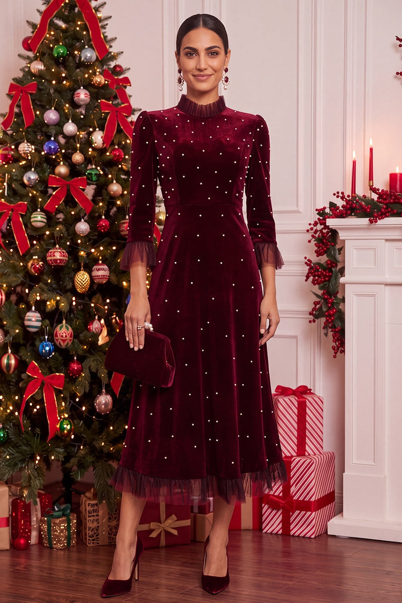 Load image into Gallery viewer, Burgundy Beaded Velvet Ruffled A-Line 3/4 Sleeves Midi Formal Dress
