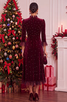 Load image into Gallery viewer, Burgundy Beaded Velvet Ruffled A-Line 3/4 Sleeves Midi Formal Dress