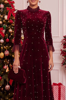 Load image into Gallery viewer, Burgundy Beaded Velvet Ruffled A-Line 3/4 Sleeves Midi Formal Dress