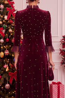 Load image into Gallery viewer, Burgundy Beaded Velvet Ruffled A-Line 3/4 Sleeves Midi Formal Dress