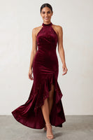 Load image into Gallery viewer, Burgundy Velvet Beaded High Neck Ruffled High-Low Formal Dress