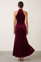 Load image into Gallery viewer, Burgundy Velvet Beaded High Neck Ruffled High-Low Formal Dress