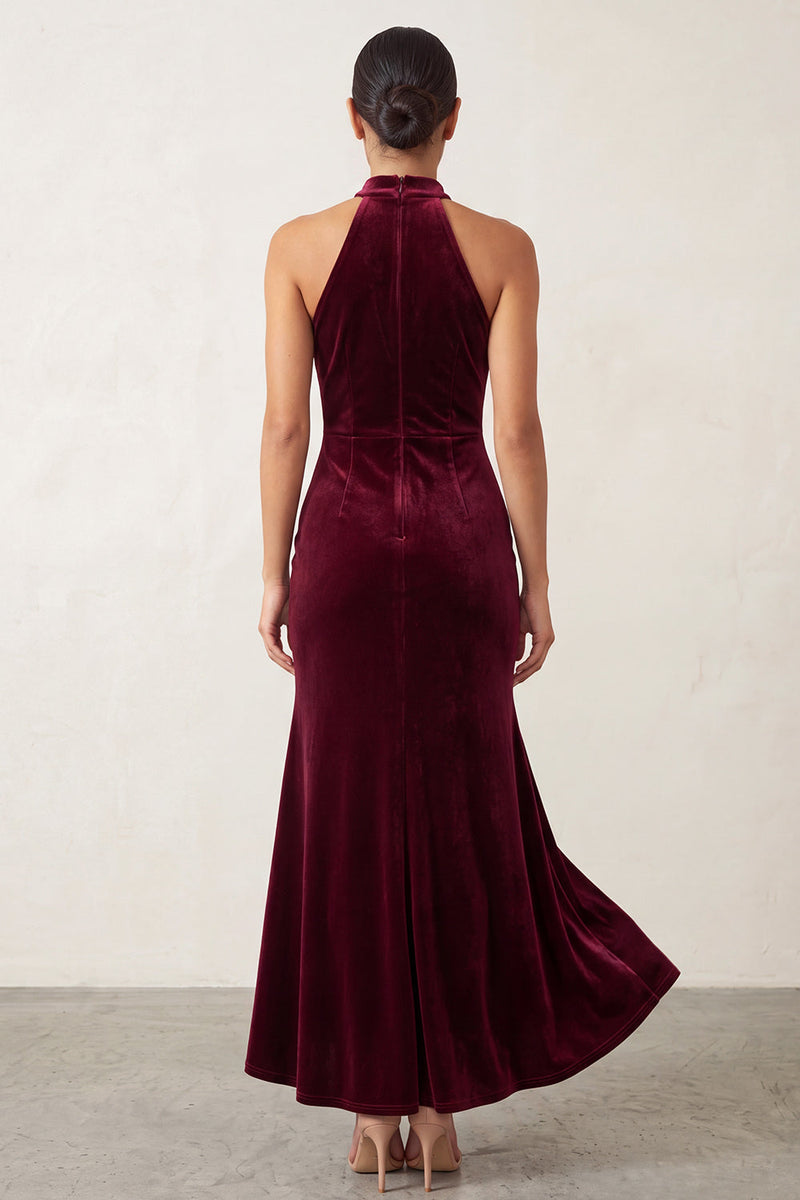 Load image into Gallery viewer, Burgundy Velvet Beaded High Neck Ruffled High-Low Formal Dress