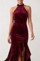 Load image into Gallery viewer, Burgundy Velvet Beaded High Neck Ruffled High-Low Formal Dress