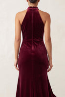 Load image into Gallery viewer, Burgundy Velvet Beaded High Neck Ruffled High-Low Formal Dress