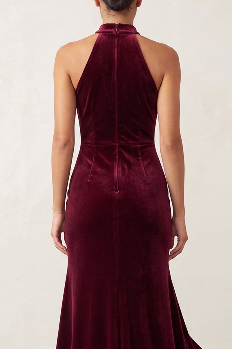 Load image into Gallery viewer, Burgundy Velvet Beaded High Neck Ruffled High-Low Formal Dress