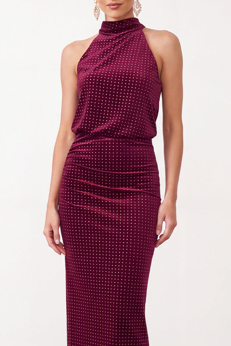 Load image into Gallery viewer, Burgundy Mermaid High Neck Beaded Long Formal Dress with Keyhole