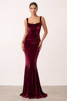 Load image into Gallery viewer, Burgundy Thick Straps Velvet Mermaid Long Formal Dress