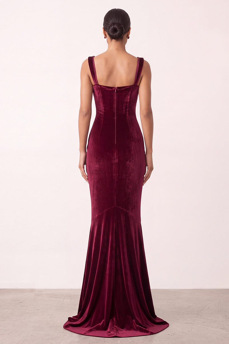 Load image into Gallery viewer, Burgundy Thick Straps Velvet Mermaid Long Formal Dress