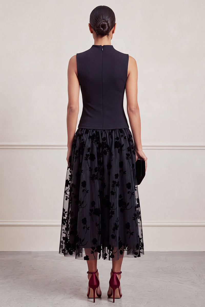 Load image into Gallery viewer, Black Champagne A-Line High Neck Floral Long Formal Dress