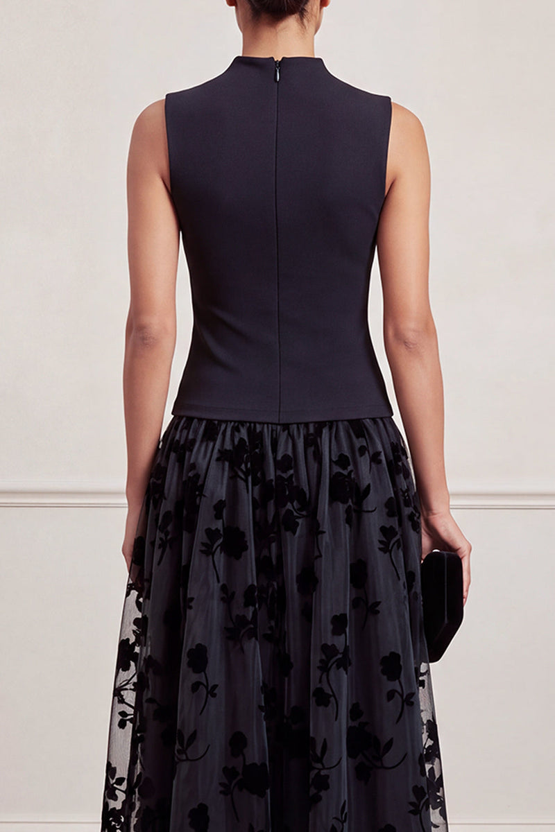 Load image into Gallery viewer, Black Champagne A-Line High Neck Floral Long Formal Dress