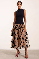 Load image into Gallery viewer, Black Champagne A-Line High Neck Floral Long Formal Dress