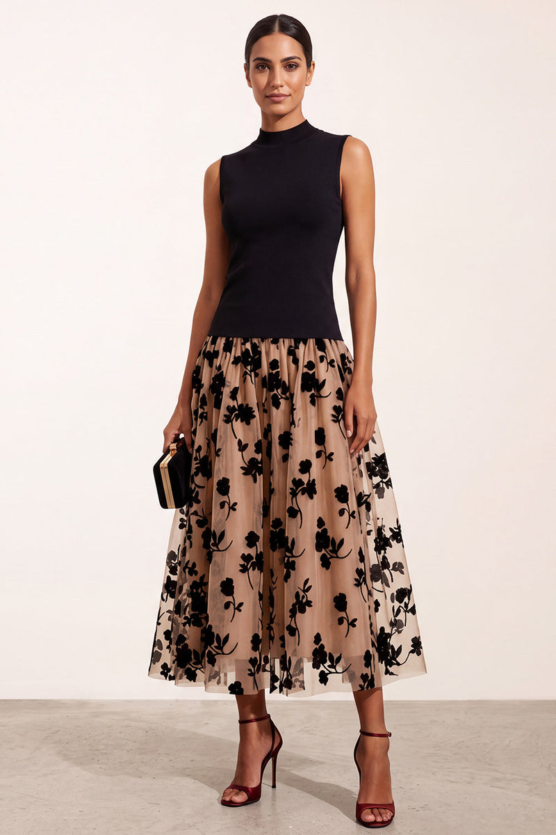 Load image into Gallery viewer, Black Champagne A-Line High Neck Floral Long Formal Dress