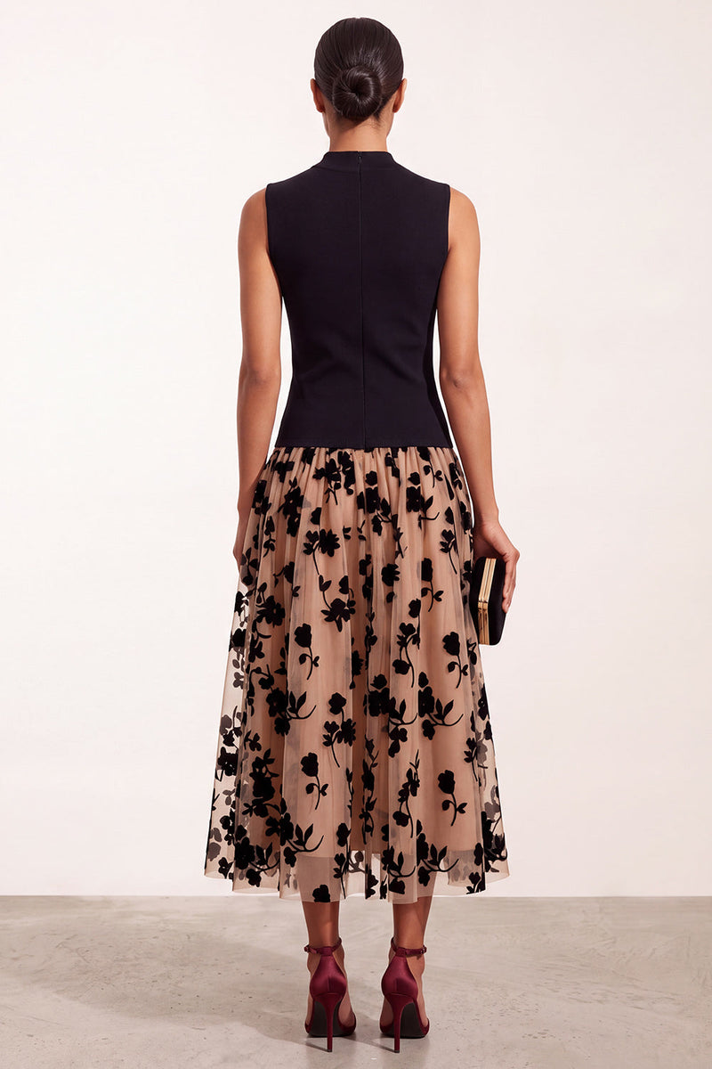 Load image into Gallery viewer, Black Champagne A-Line High Neck Floral Long Formal Dress