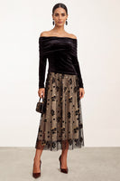 Load image into Gallery viewer, Black Champagne Floral A Line Velvet Ruched Midi Formal Dress with Sleeves
