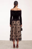 Load image into Gallery viewer, Black Champagne Floral A Line Velvet Ruched Midi Formal Dress with Sleeves