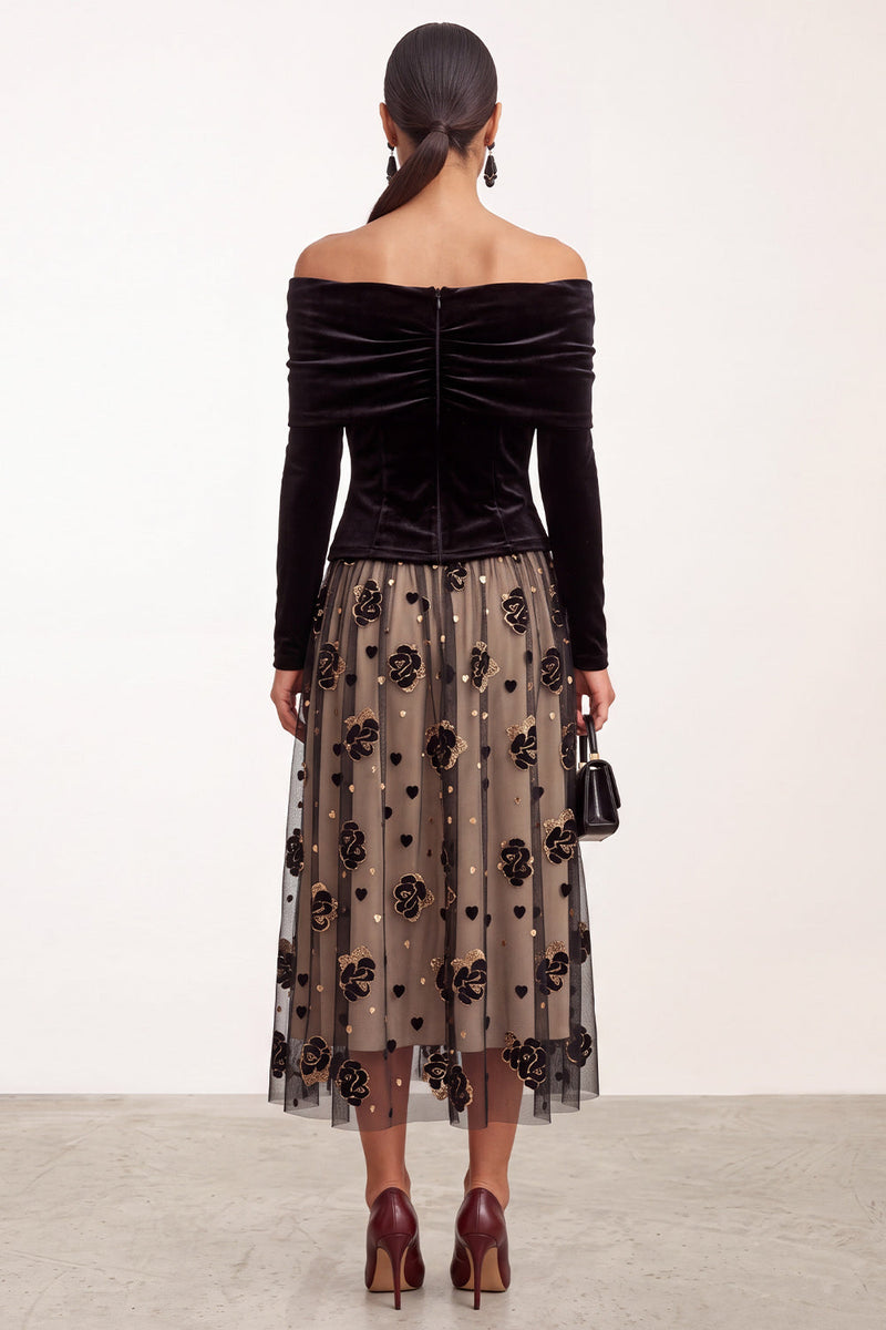 Load image into Gallery viewer, Black Champagne Floral A Line Velvet Ruched Midi Formal Dress with Sleeves
