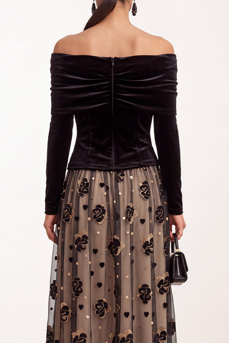 Load image into Gallery viewer, Black Champagne Floral A Line Velvet Ruched Midi Formal Dress with Sleeves