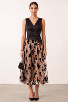 Load image into Gallery viewer, Black Champagne Floral A-Line V-Neck Ruched Midi Formal Dress
