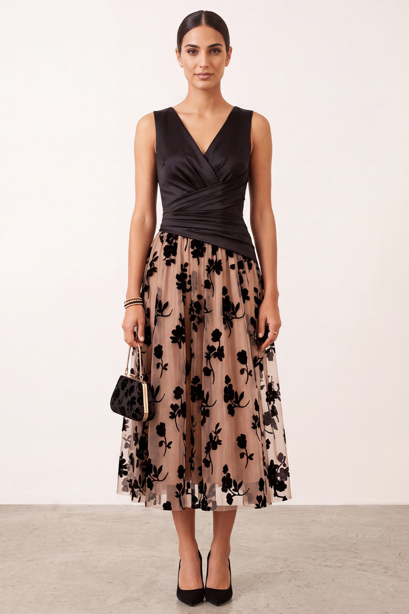 Load image into Gallery viewer, Black Champagne Floral A-Line V-Neck Ruched Midi Formal Dress