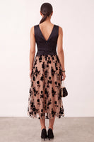 Load image into Gallery viewer, Black Champagne Floral A-Line V-Neck Ruched Midi Formal Dress