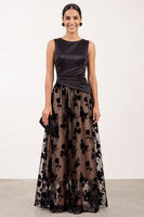 Load image into Gallery viewer, Floral Black Champagne Ruched Bateau Neck Satin A-Line Long Formal Dress