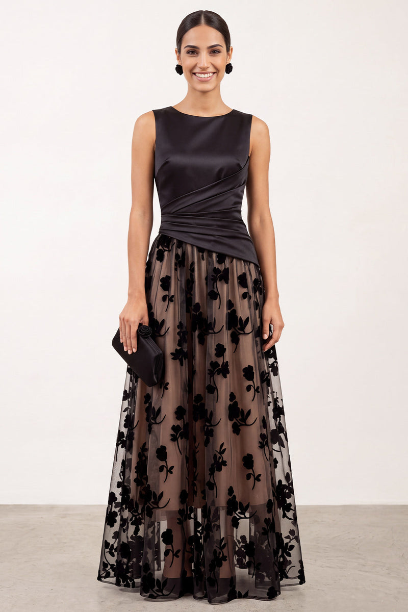 Load image into Gallery viewer, Floral Black Champagne Ruched Bateau Neck Satin A-Line Long Formal Dress
