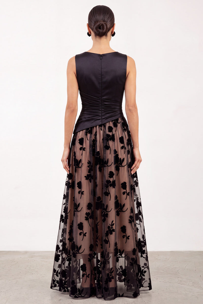 Load image into Gallery viewer, Floral Black Champagne Ruched Bateau Neck Satin A-Line Long Formal Dress